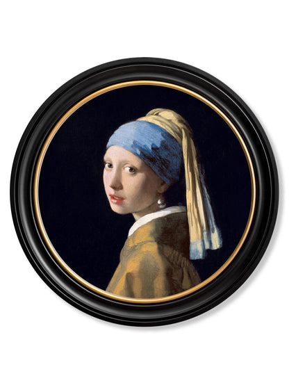 c.1665 Girl with a Pearl Earring - Round Frame J Vermeer in size 44 x 44cm - glass-fronted framed wall art print with solid wood frame, ideal for contemporary home styling