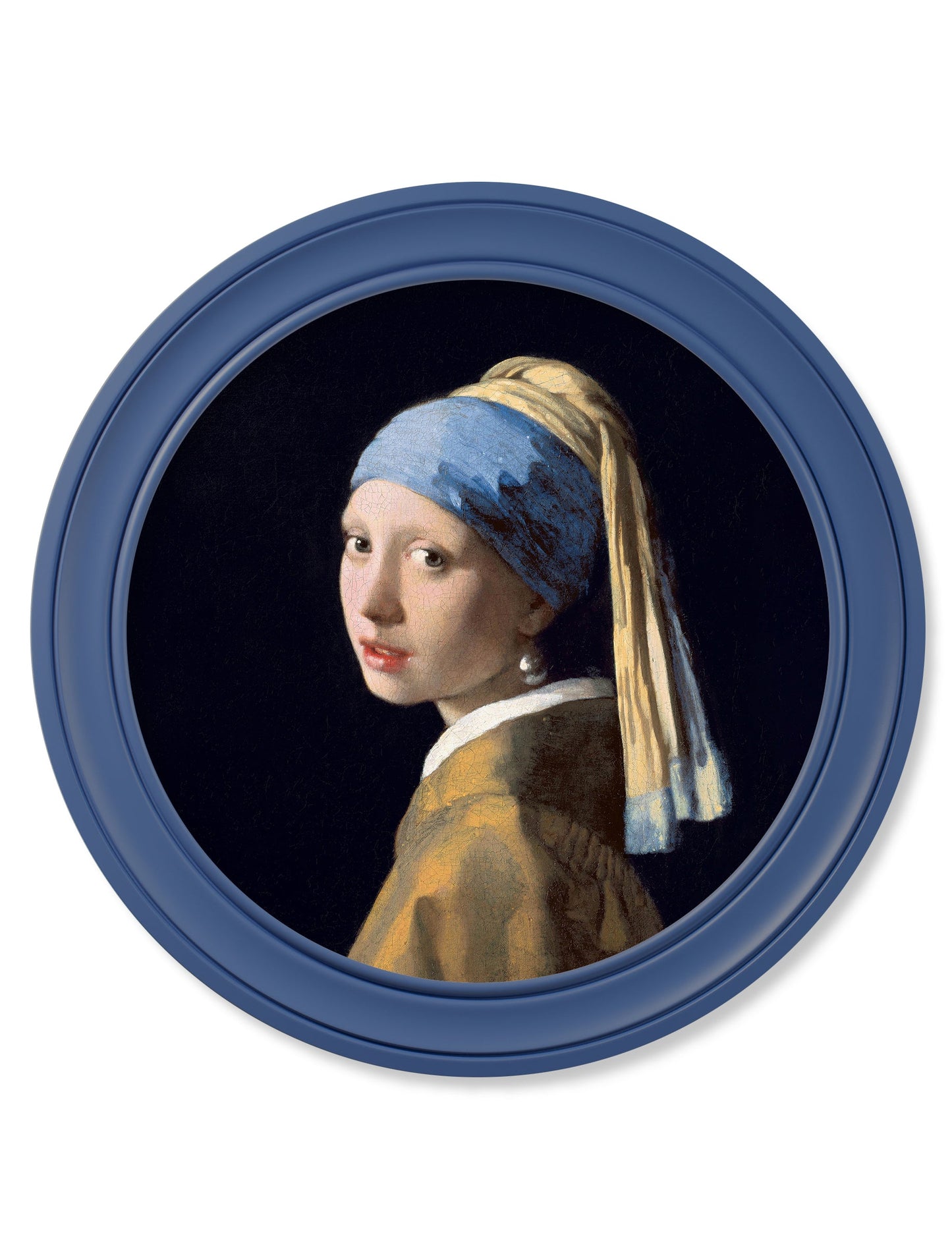 c.1665 Girl with a Pearl Earring - Round Frame J Vermeer Blue in size 44 x 44cm - glass-fronted framed wall art print with solid wood frame, luxury wall art for sophisticated spaces