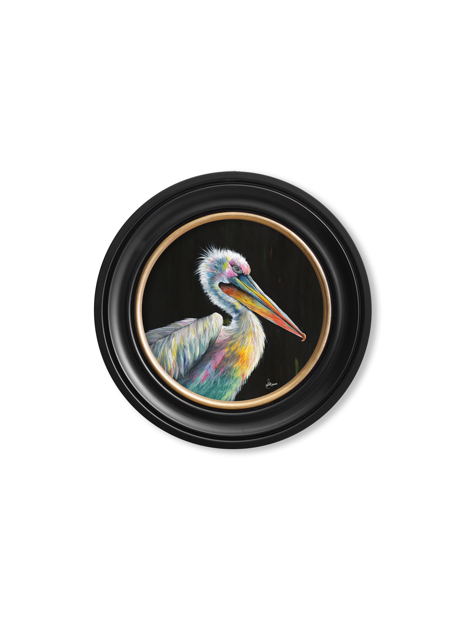 pelican print pierre by amy ansell black round frame - premium glass-fronted framed art print with solid wood frame, luxury wall art for sophisticated spaces