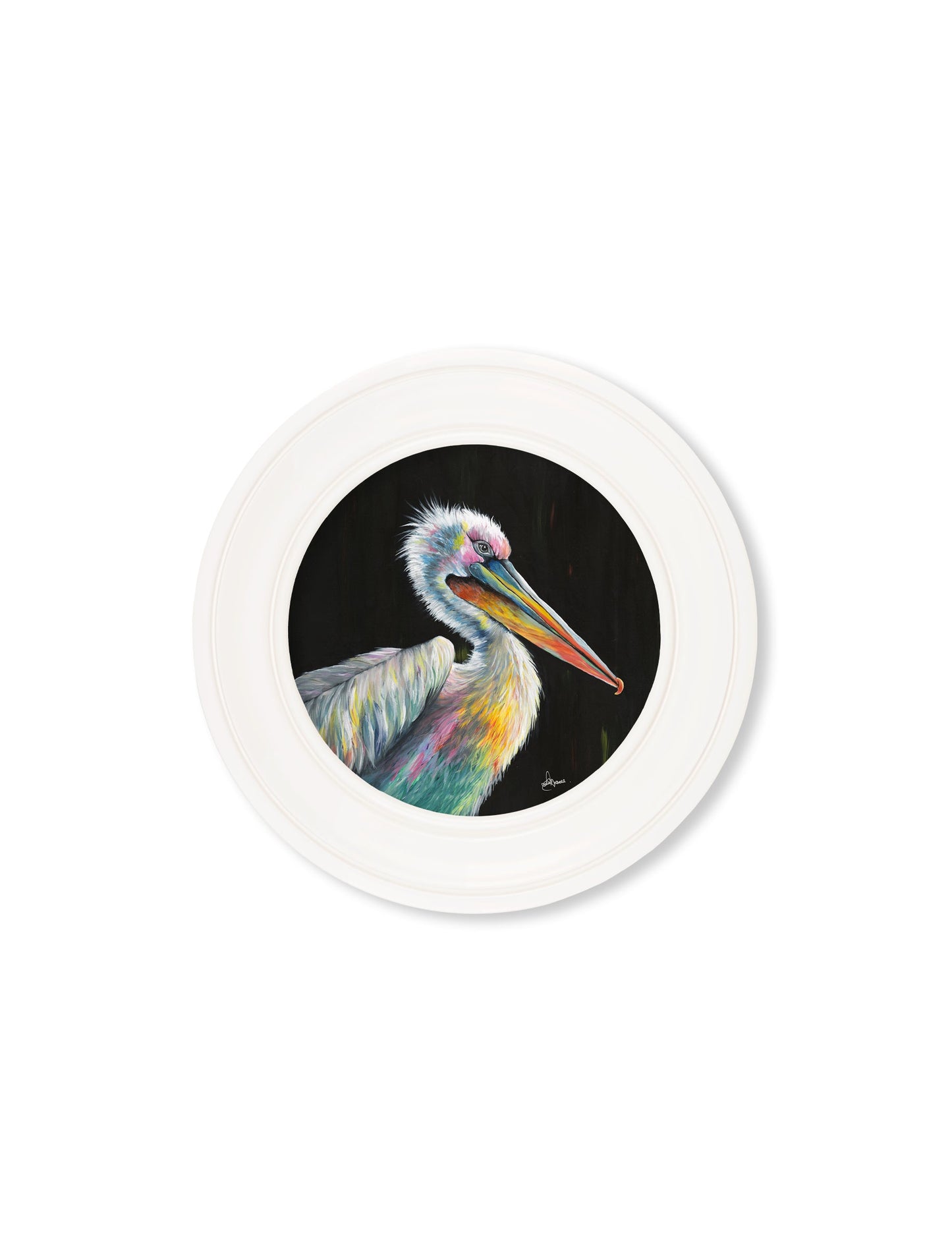 pelican print pierre by amy ansell strong white round frame - premium glass-fronted framed art print with solid wood frame, a beautiful addition to stylish homes