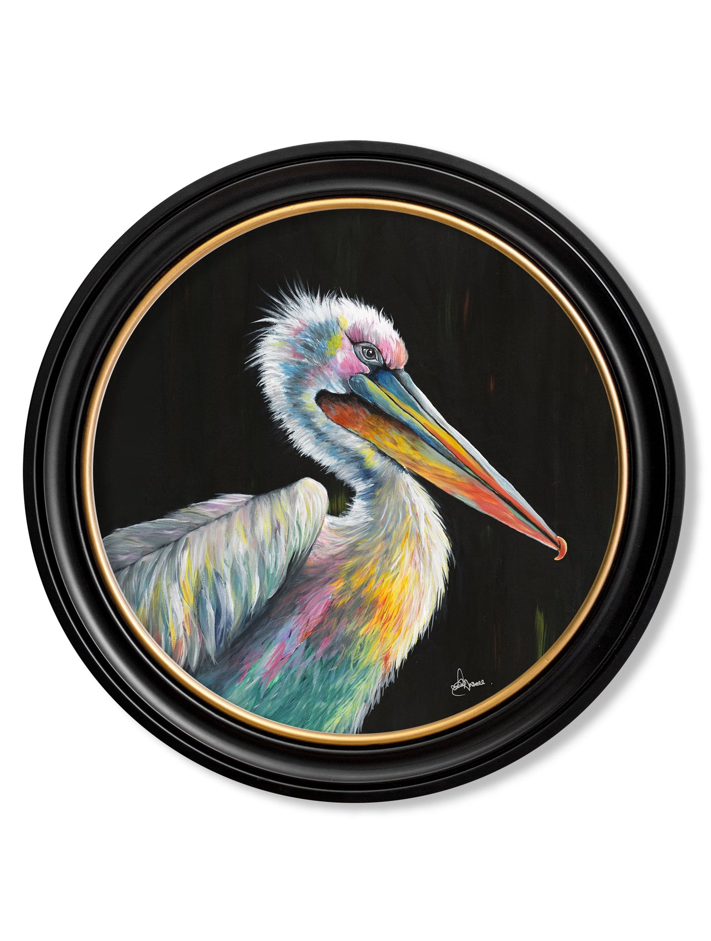 pelican print pierre by amy ansell black round frame - premium glass-fronted framed art print with solid wood frame, adds elegance to your decor