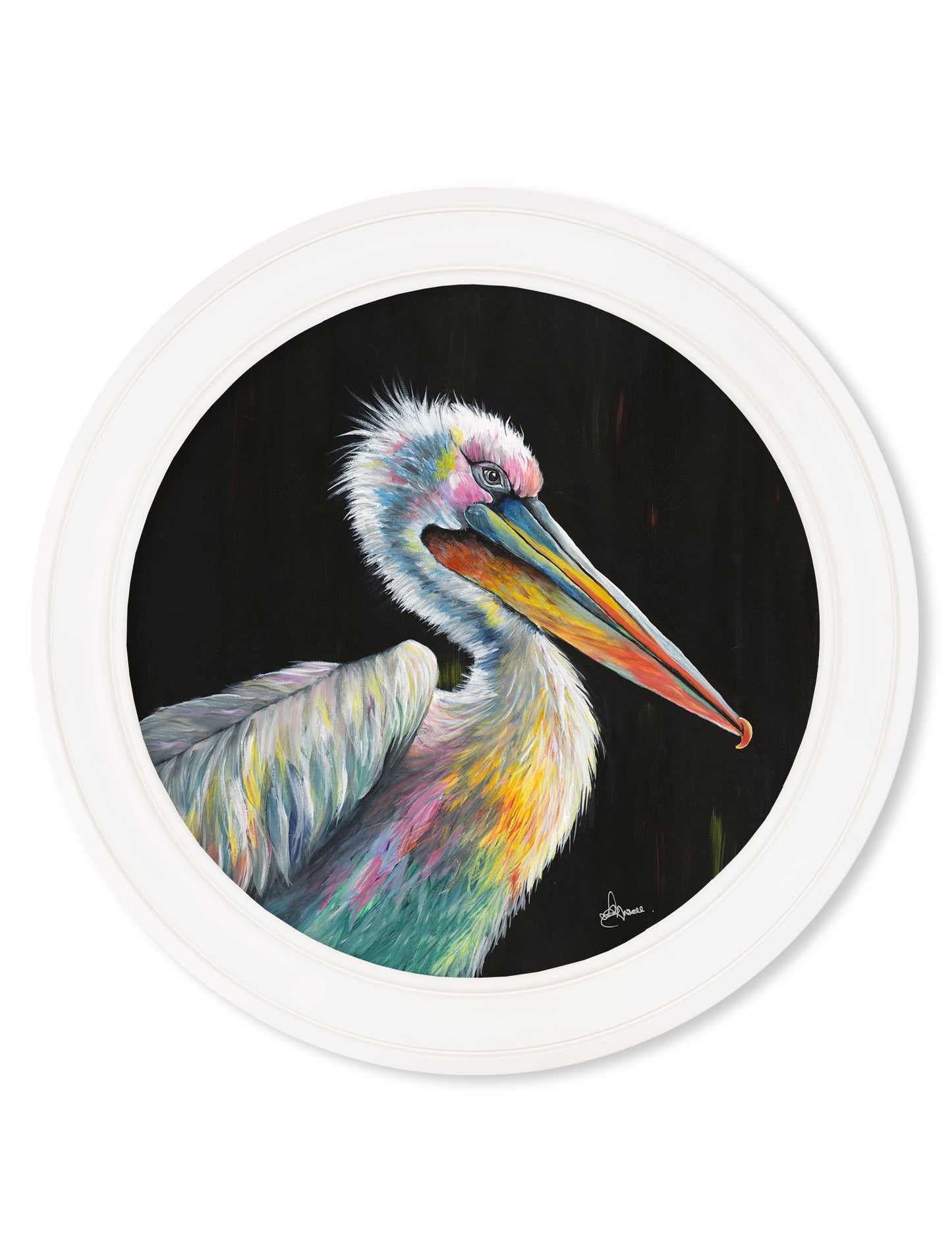 pelican print pierre by amy ansell strong white round frame - premium glass-fronted framed art print with solid wood frame, ideal for modern interiors