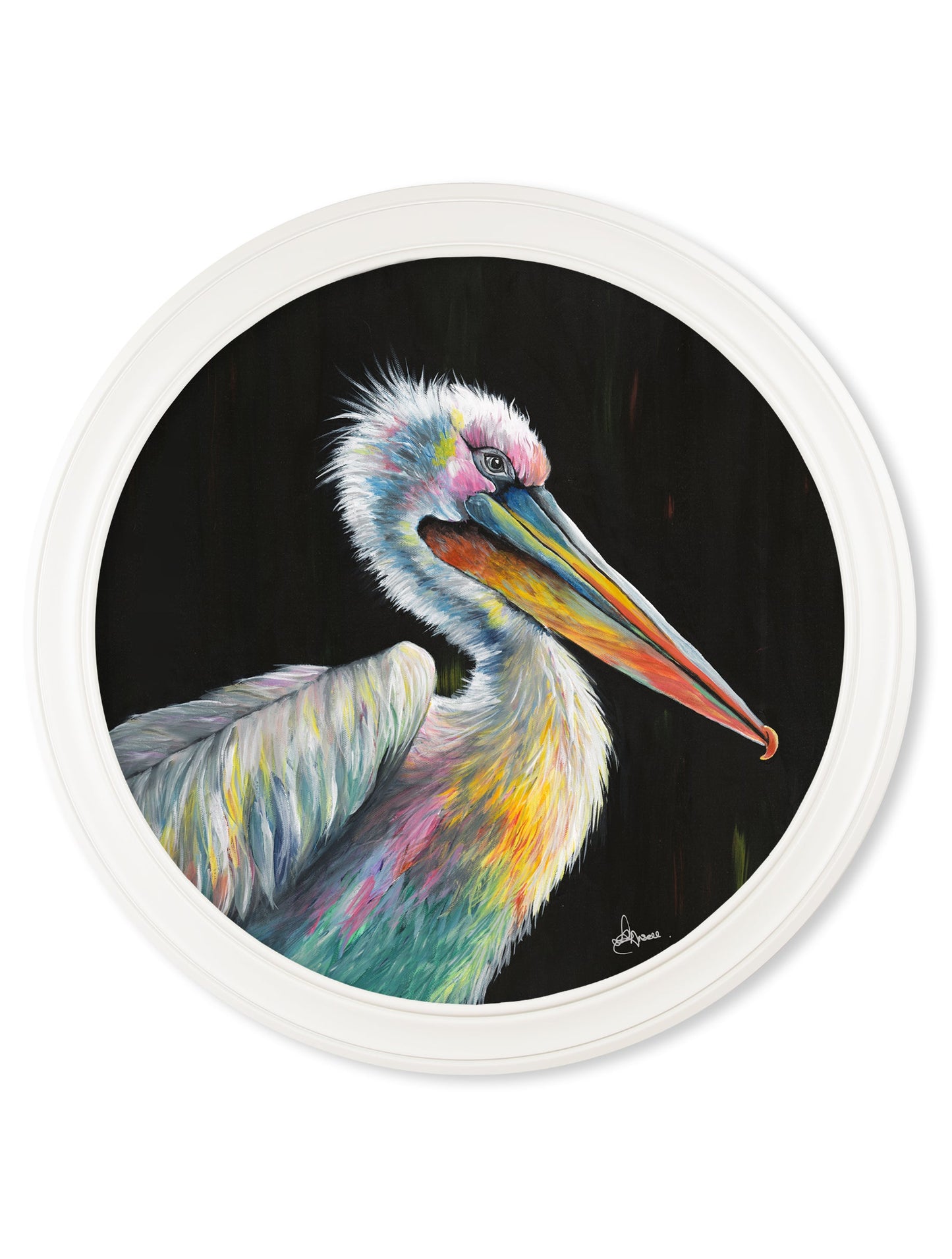 pelican print pierre by amy ansell strong white round frame - premium glass-fronted framed art print with solid wood frame, ideal for modern interiors