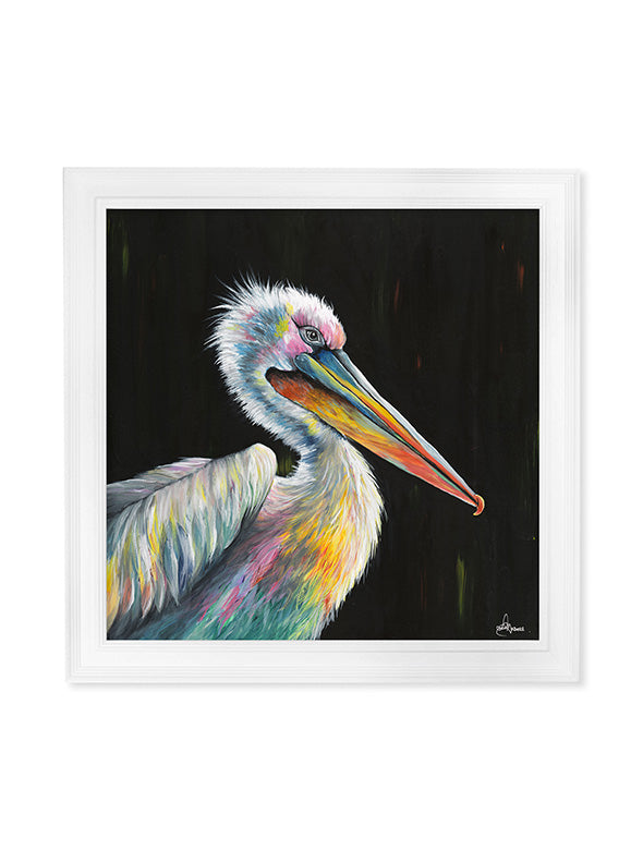 Pelican Print 'Pierre' by Amy Ansell - Strong White Square Frame in size 44 x 44cm - glass-fronted framed wall art print with solid wood frame, perfect for statement wall decor