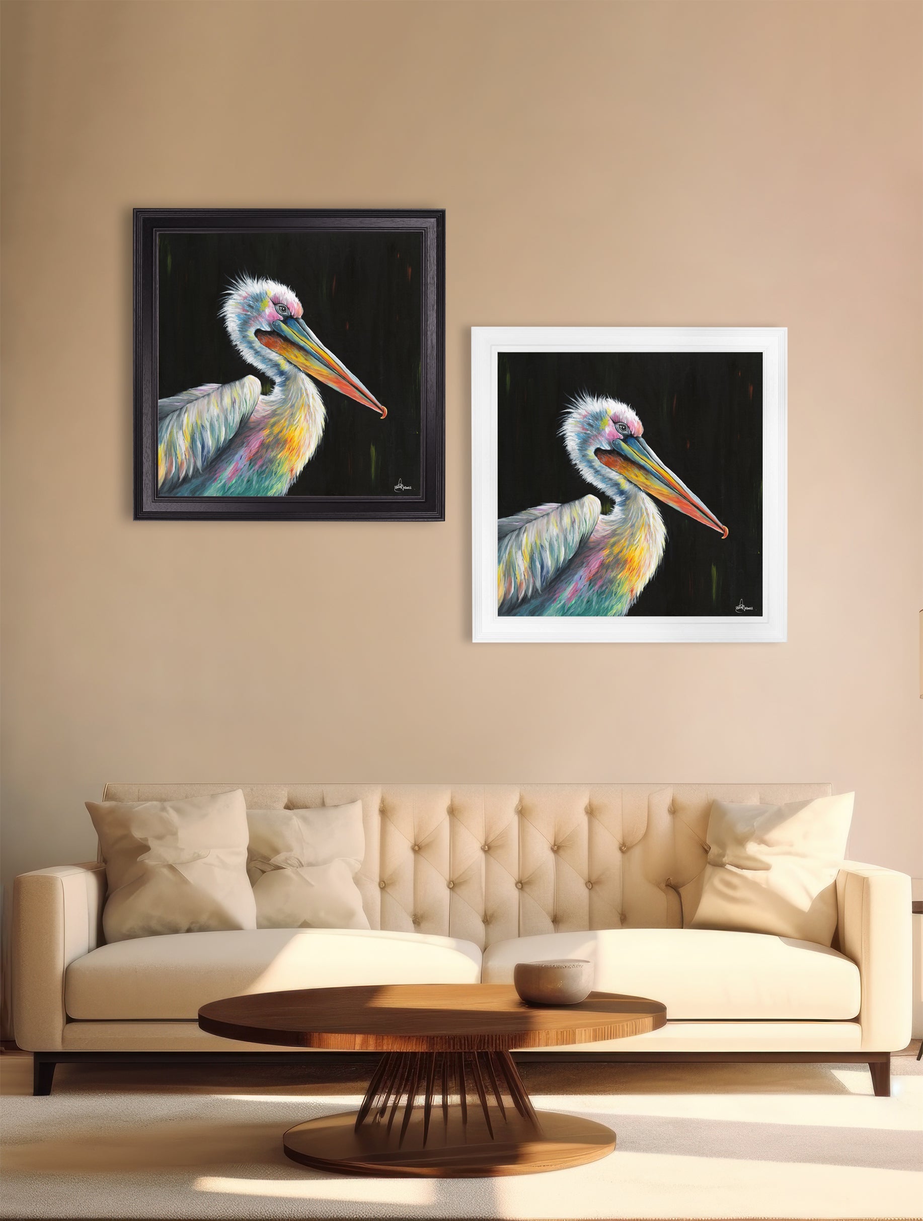 pelican print pierre by amy ansell strong white square frame in size 96 x 96cm - glass-fronted framed wall art print with solid wood frame, designed for high-end interior design