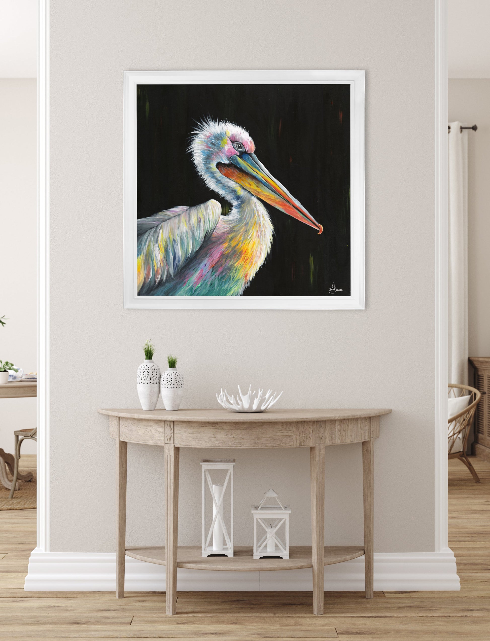 pelican print pierre by amy ansell strong white square frame in size 70 x 70cm - glass-fronted framed wall art print with solid wood frame, luxury wall art for sophisticated spaces
