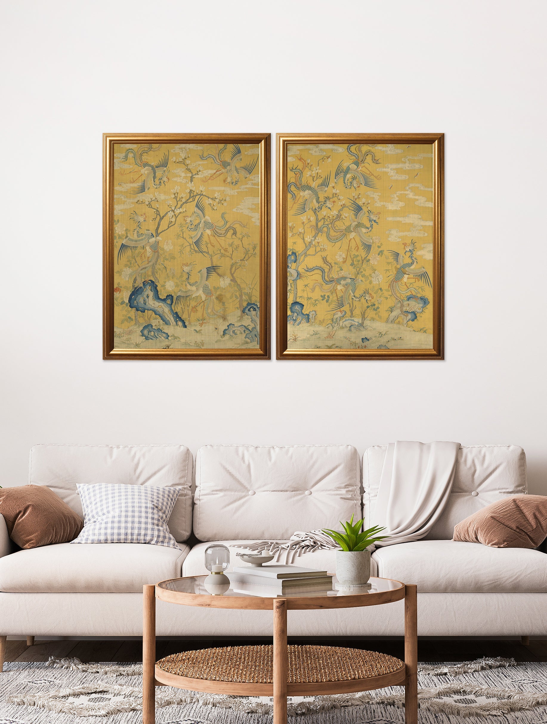 phoenixes in a garden set of 2 in size 70 x 95cm - glass-fronted framed wall art print with solid wood frame, ideal for contemporary home styling