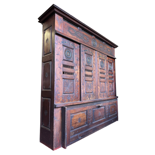 French Breton Wooden Armoire Cabinet, Hand Carved Antique French 1900’s, French Folk Art Cupboard Dresser