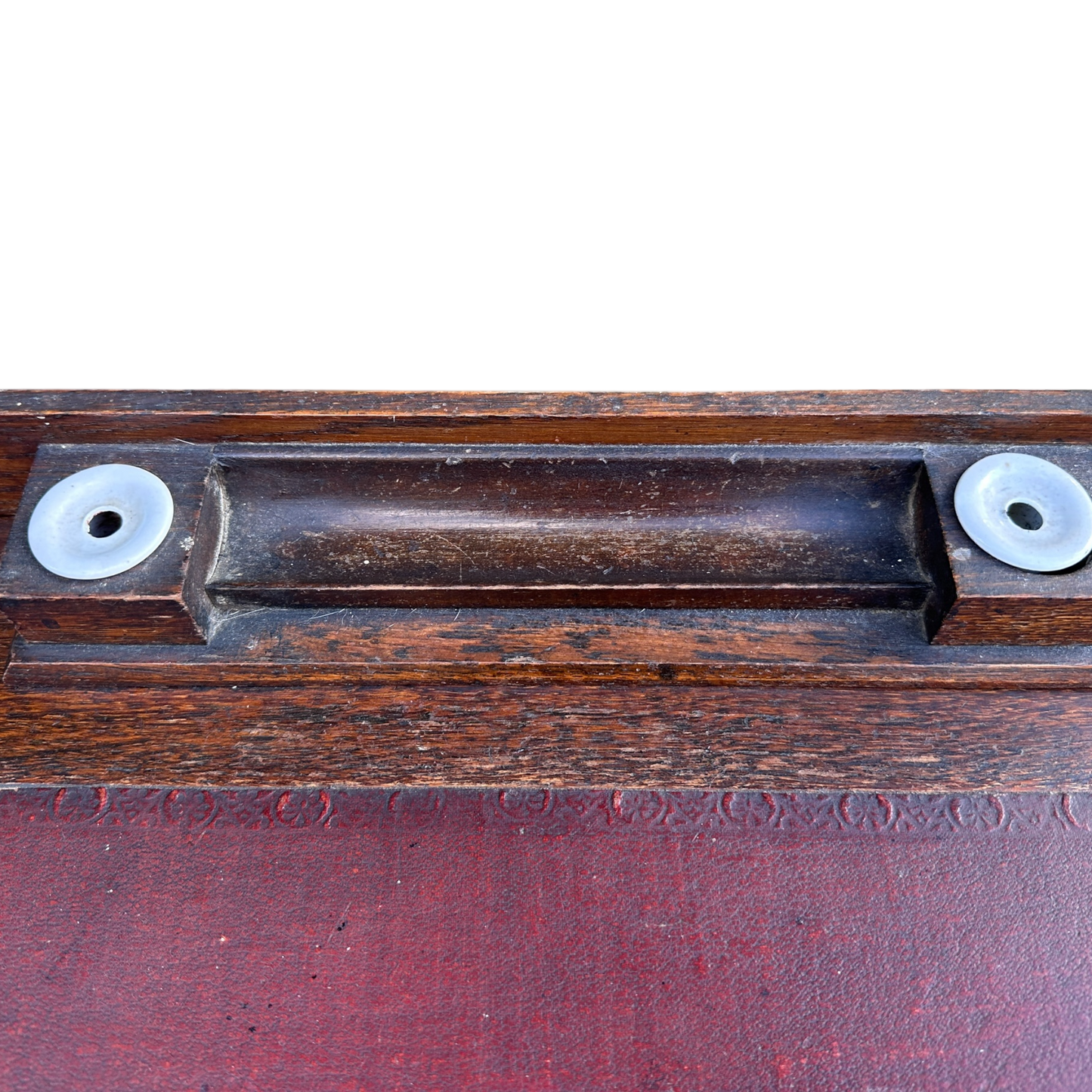 Small 1930's Leather Topped Kneehole Writing Desk With Inkwells from Selfridge & Co