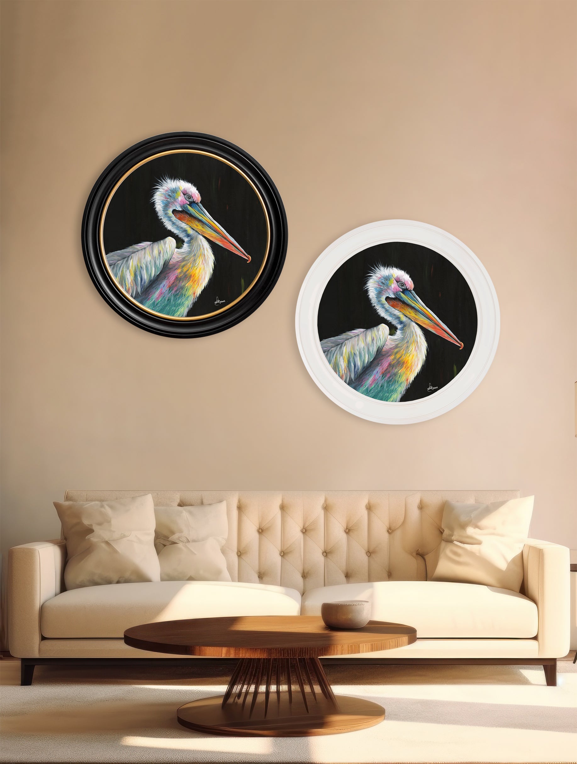 pelican print pierre by amy ansell black round frame in size 96 x 96cm - glass-fronted framed wall art print with solid wood frame, luxury wall art for sophisticated spaces