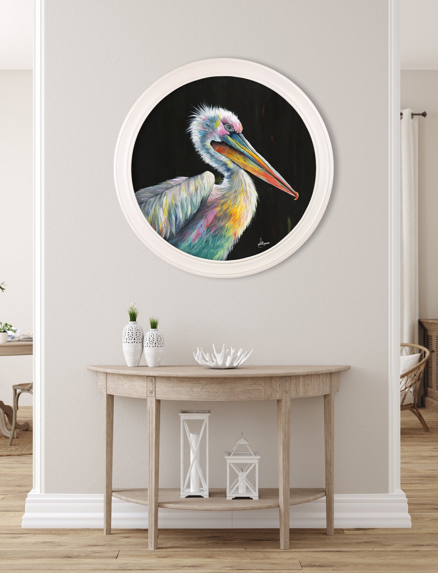 pelican print pierre by amy ansell strong white round frame in size 70 x 70cm - glass-fronted framed wall art print with solid wood frame, perfect for luxury home decor