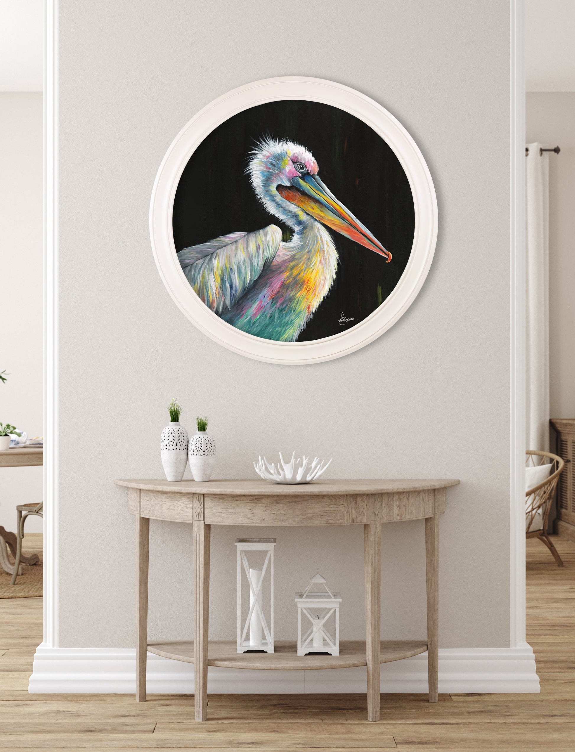 pelican print pierre by amy ansell strong white round frame in size 70 x 70cm - glass-fronted framed wall art print with solid wood frame, perfect for luxury home decor