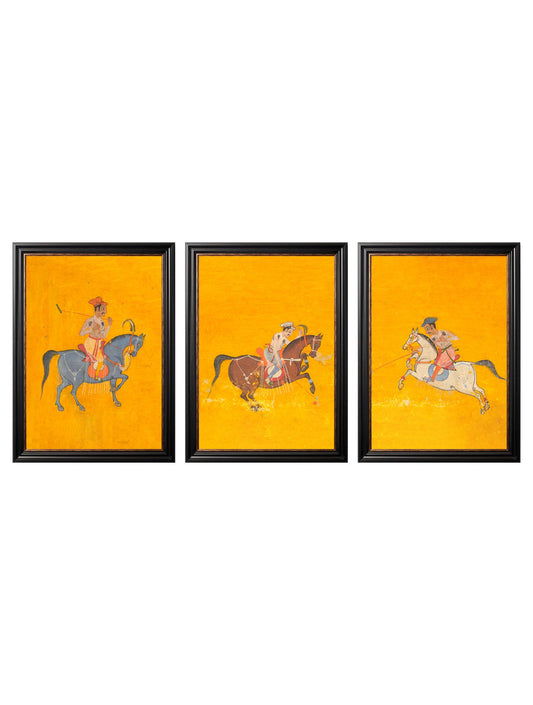 c.17th Century Indian Polo Players Triptych in size 38 x 50cm - glass-fronted framed wall art print with solid wood frame, perfect for luxury home decor