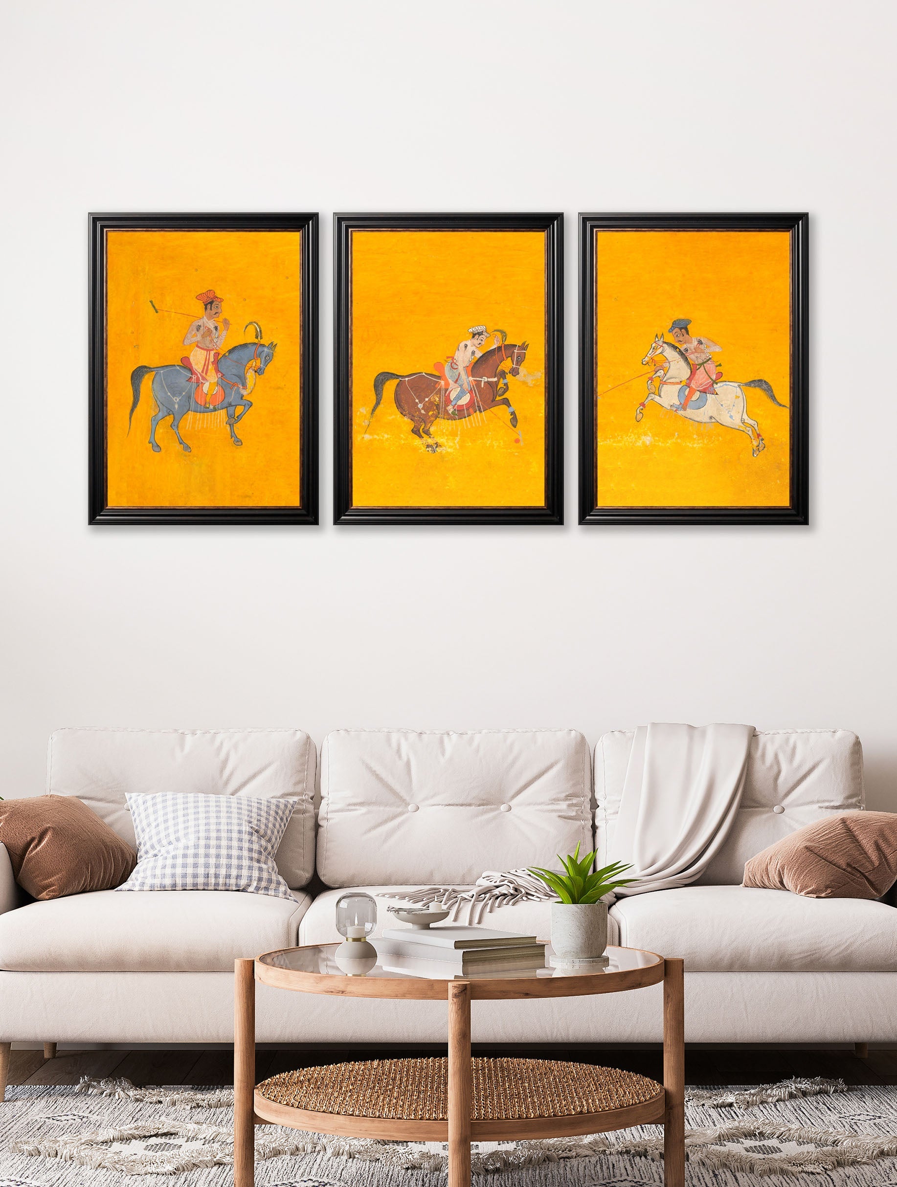 c 17th century indian polo players triptych in size 50 x 70cm - glass-fronted framed wall art print with solid wood frame, a beautiful addition to stylish homes
