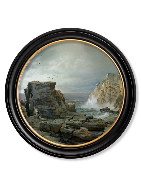 c.1877 Rocky Coast - Round Frame in size 44 x 44cm - glass-fronted framed wall art print with solid wood frame, luxury wall art for sophisticated spaces