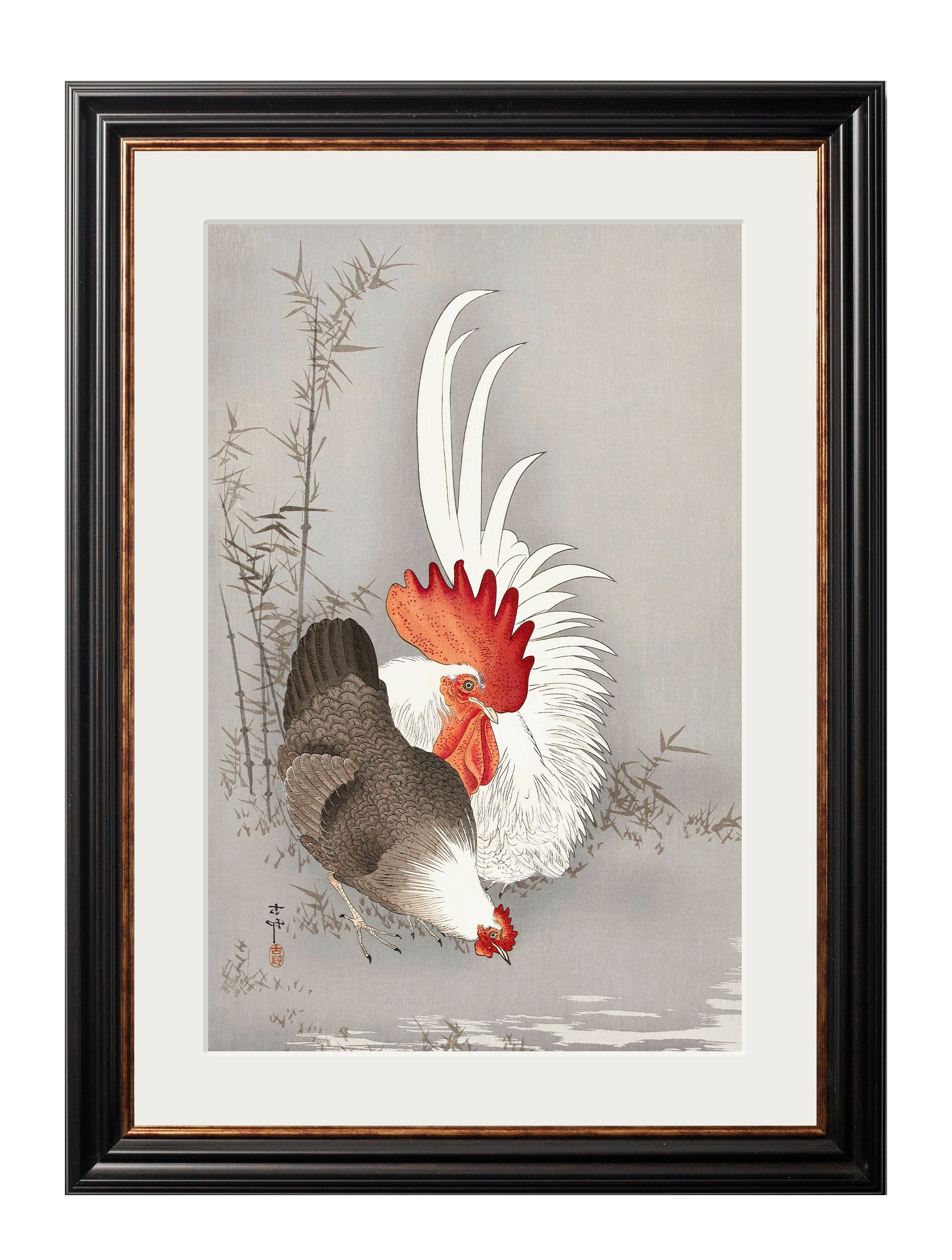 c 1210 roosters ohara koson in size 38 x 50cm - glass-fronted framed wall art print with solid wood frame, a beautiful addition to stylish homes