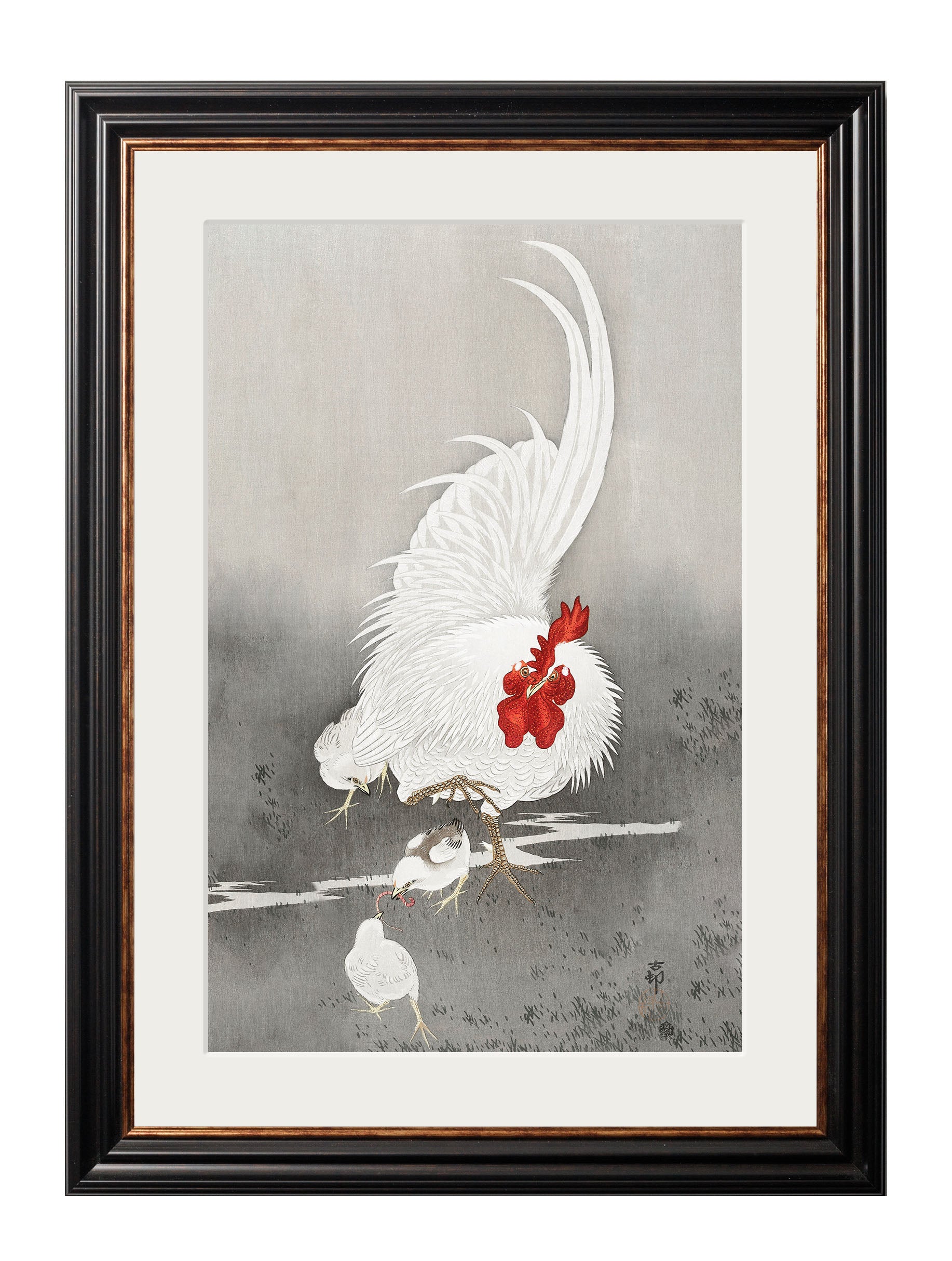 c 1210 roosters ohara koson in size 50 x 70cm - glass-fronted framed wall art print with solid wood frame, adds elegance to your decor