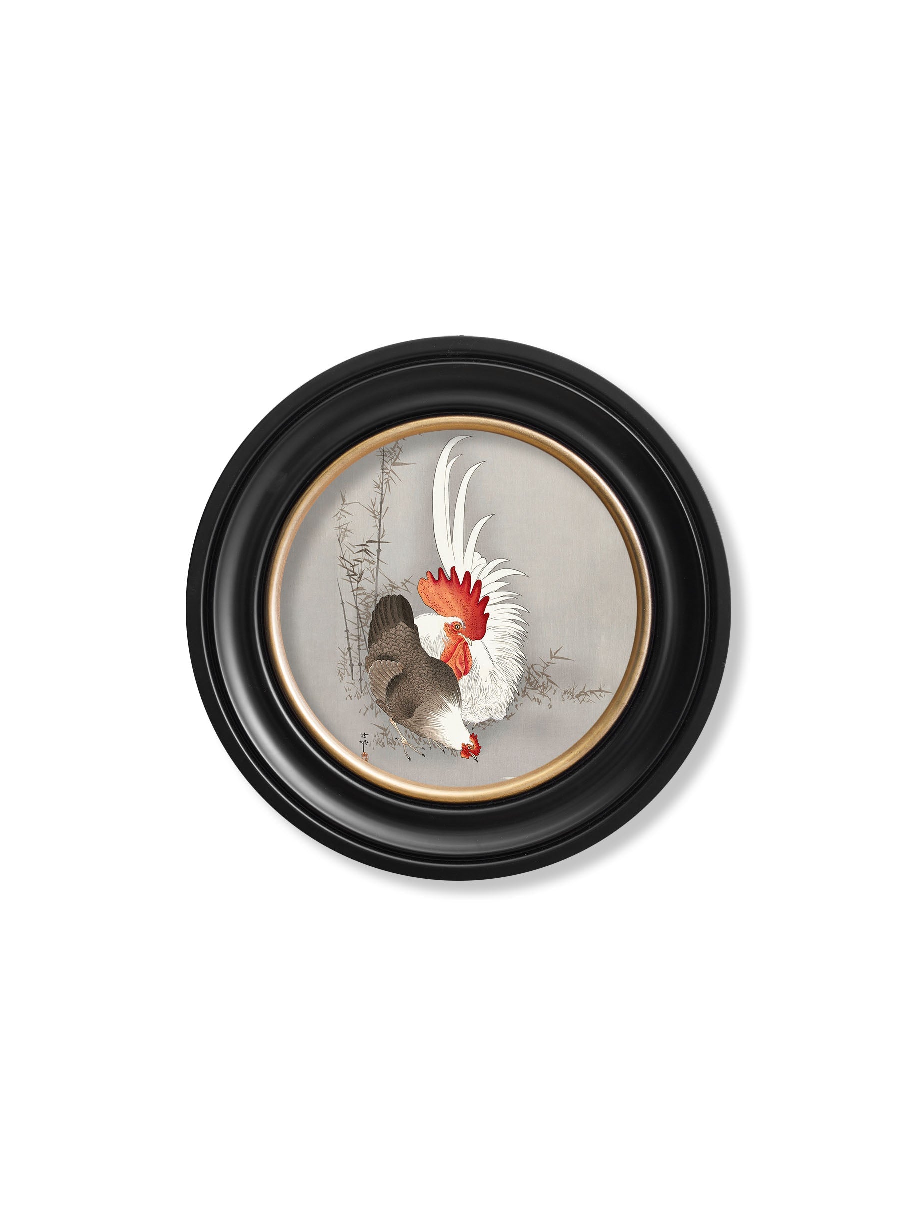 c 1910 roosters ohara koson round in size 44 x 44cm - glass-fronted framed wall art print with solid wood frame, a beautiful addition to stylish homes