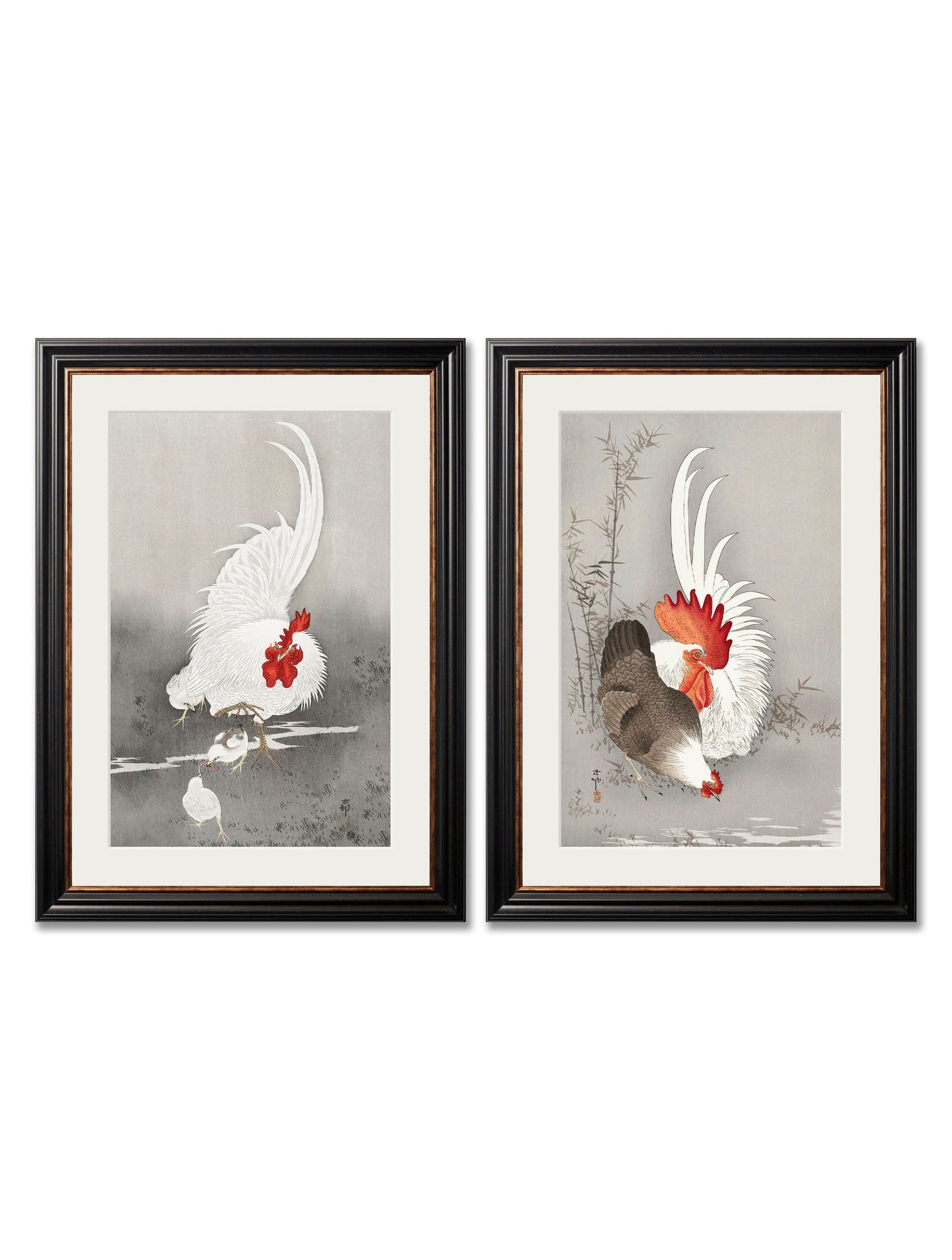 c.1910 Roosters - Ohara Koson in size 38 x 50cm - glass-fronted framed wall art print with solid wood frame, a beautiful addition to stylish homes