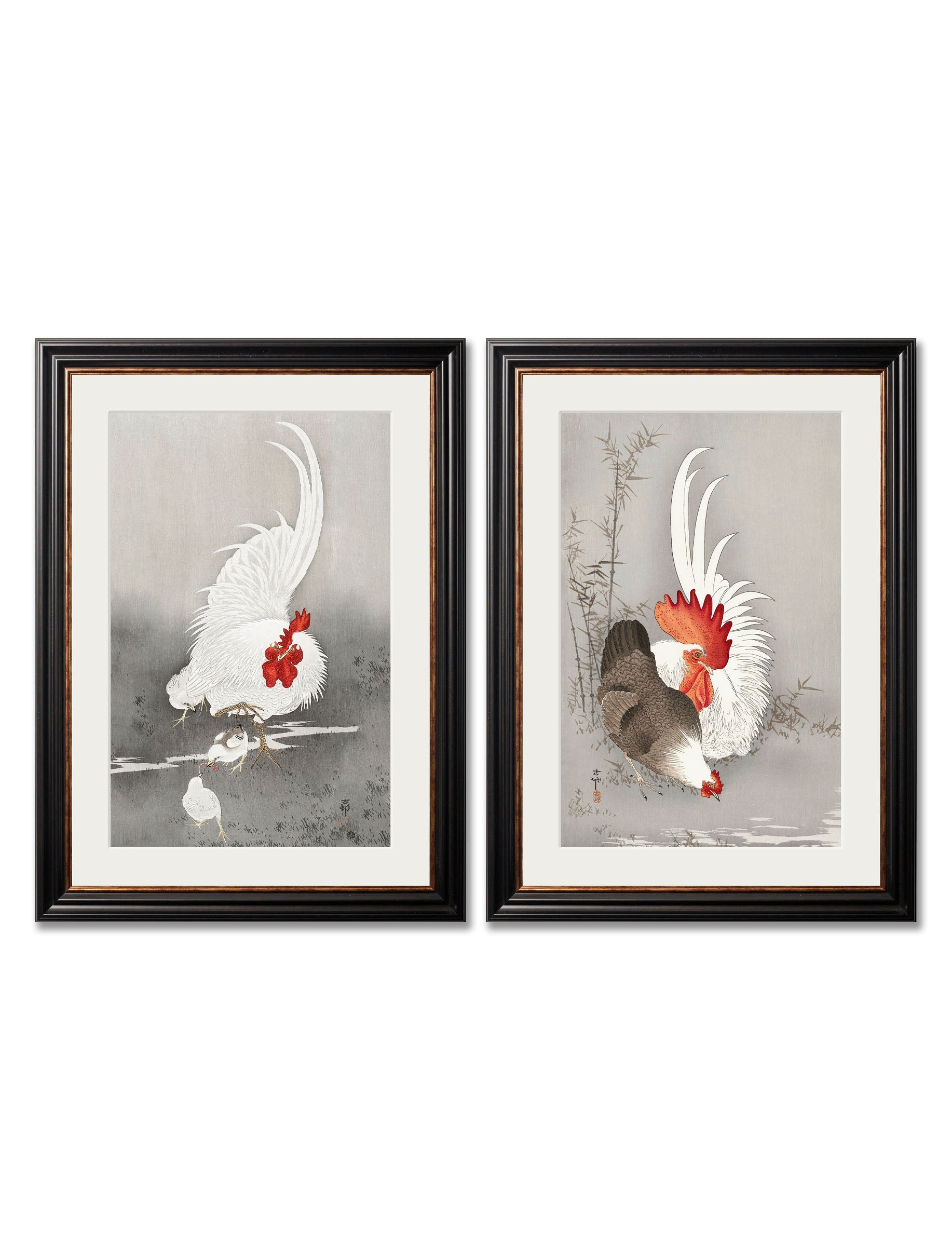 c.1910 Roosters - Ohara Koson in size 38 x 50cm - glass-fronted framed wall art print with solid wood frame, a beautiful addition to stylish homes