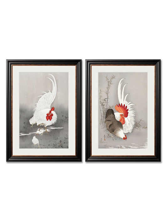 c.1910 Roosters - Ohara Koson in size 38 x 50cm - glass-fronted framed wall art print with solid wood frame, a beautiful addition to stylish homes
