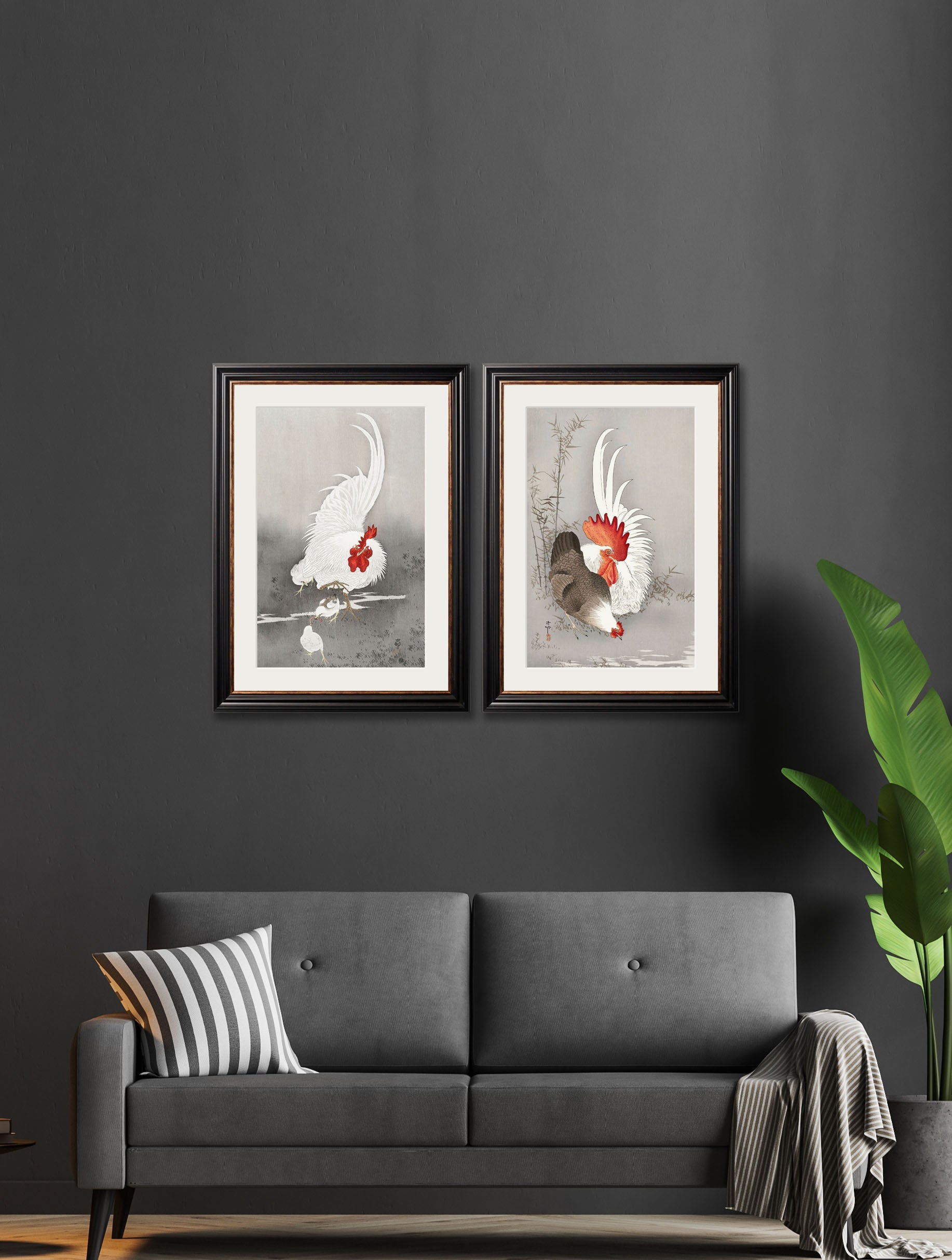 c 1210 roosters ohara koson in size 38 x 50cm - glass-fronted framed wall art print with solid wood frame, a beautiful addition to stylish homes