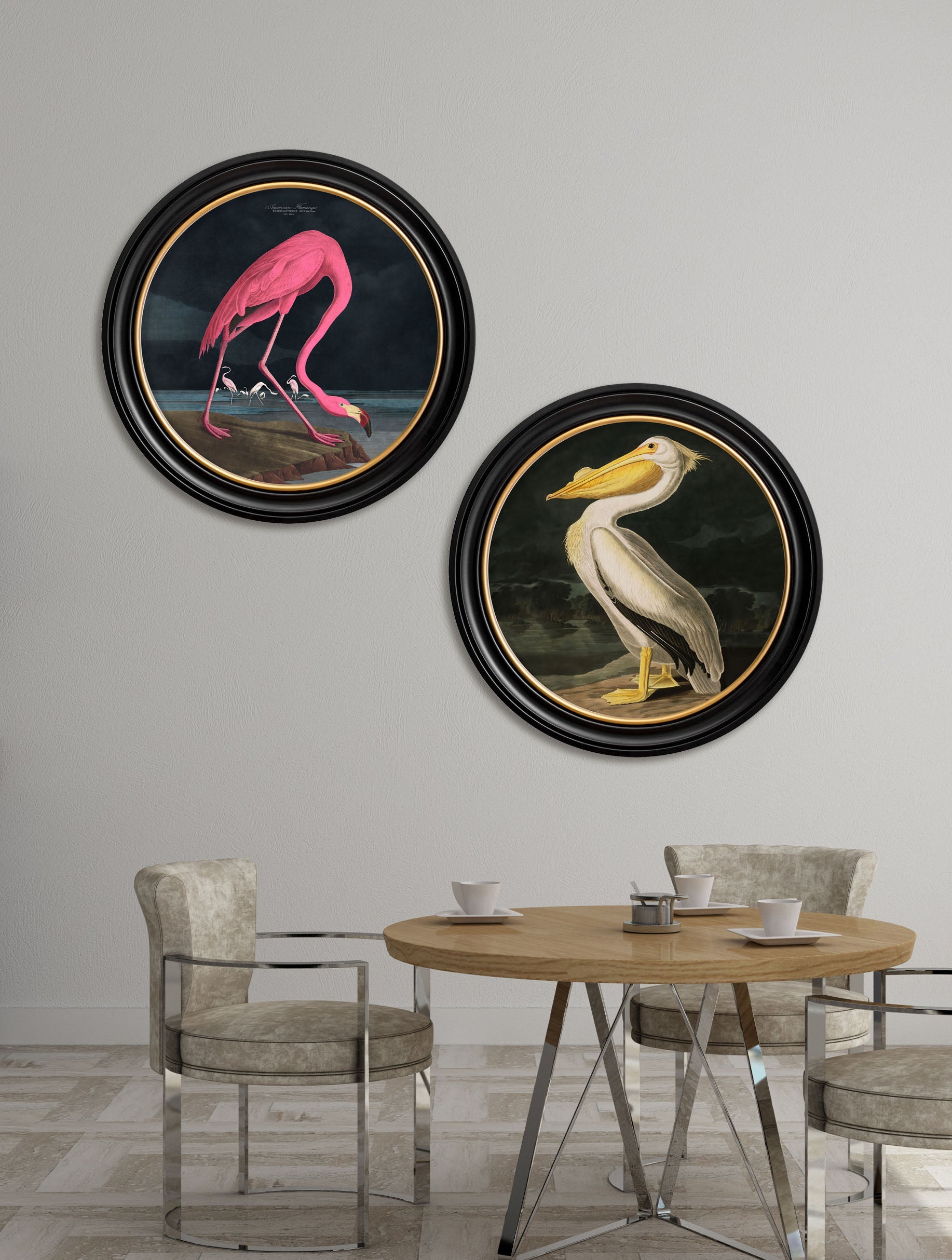  of c 1838 audubons flamingo dark round frame in size 70 x 70cm - glass-fronted framed wall art print with solid wood frame, luxury wall art for sophisticated spaces