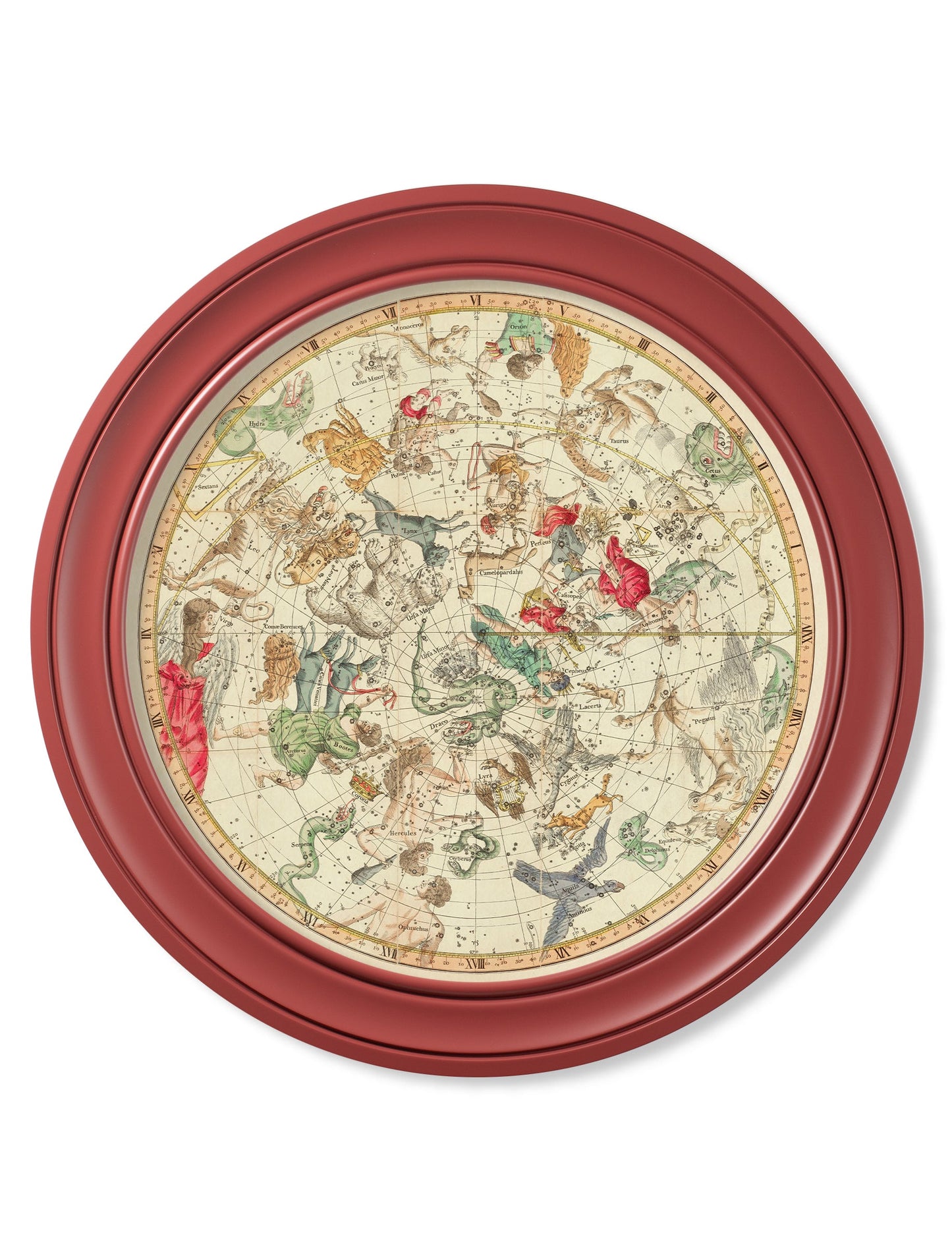 c 1820 map of constellations round frame red in size 70 x 70cm - glass-fronted framed wall art print with solid wood frame, luxury wall art for sophisticated spaces