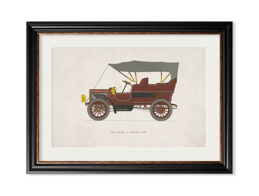 1905 WHITE 15 STEAM CAR in size 35 x 50cm - glass-fronted framed wall art print with solid wood frame, ideal for contemporary home styling