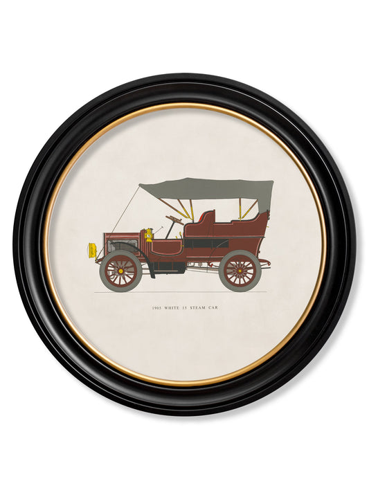 1905 WHITE 15 STEAM CAR in Round Frame in size 44 x 44cm - glass-fronted framed wall art print with solid wood frame, designed for high-end interior design