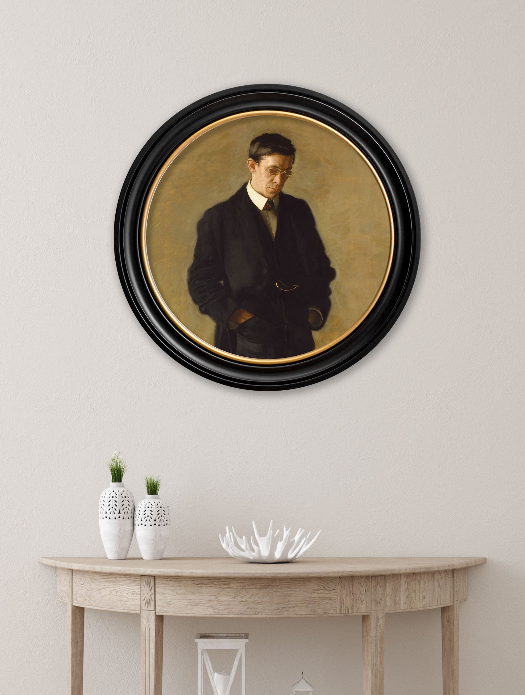 c 1900 the thinker thomas eakins round frame in size 70 x 70cm - glass-fronted framed wall art print with solid wood frame, a beautiful addition to stylish homes