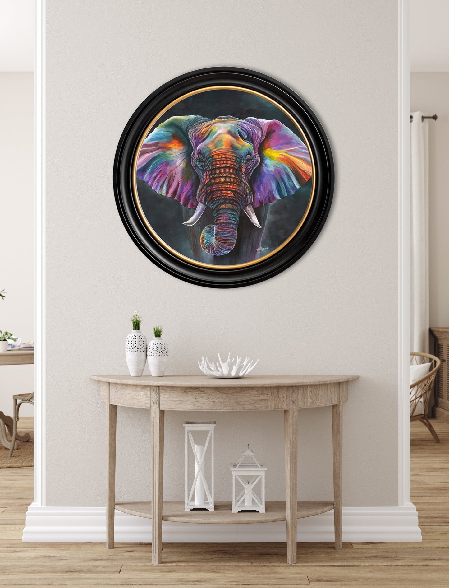 elephant print wisdom by amy ansell oxford round frame in size 70 x 70cm - glass-fronted framed wall art print with solid wood frame, adds elegance to your decor
