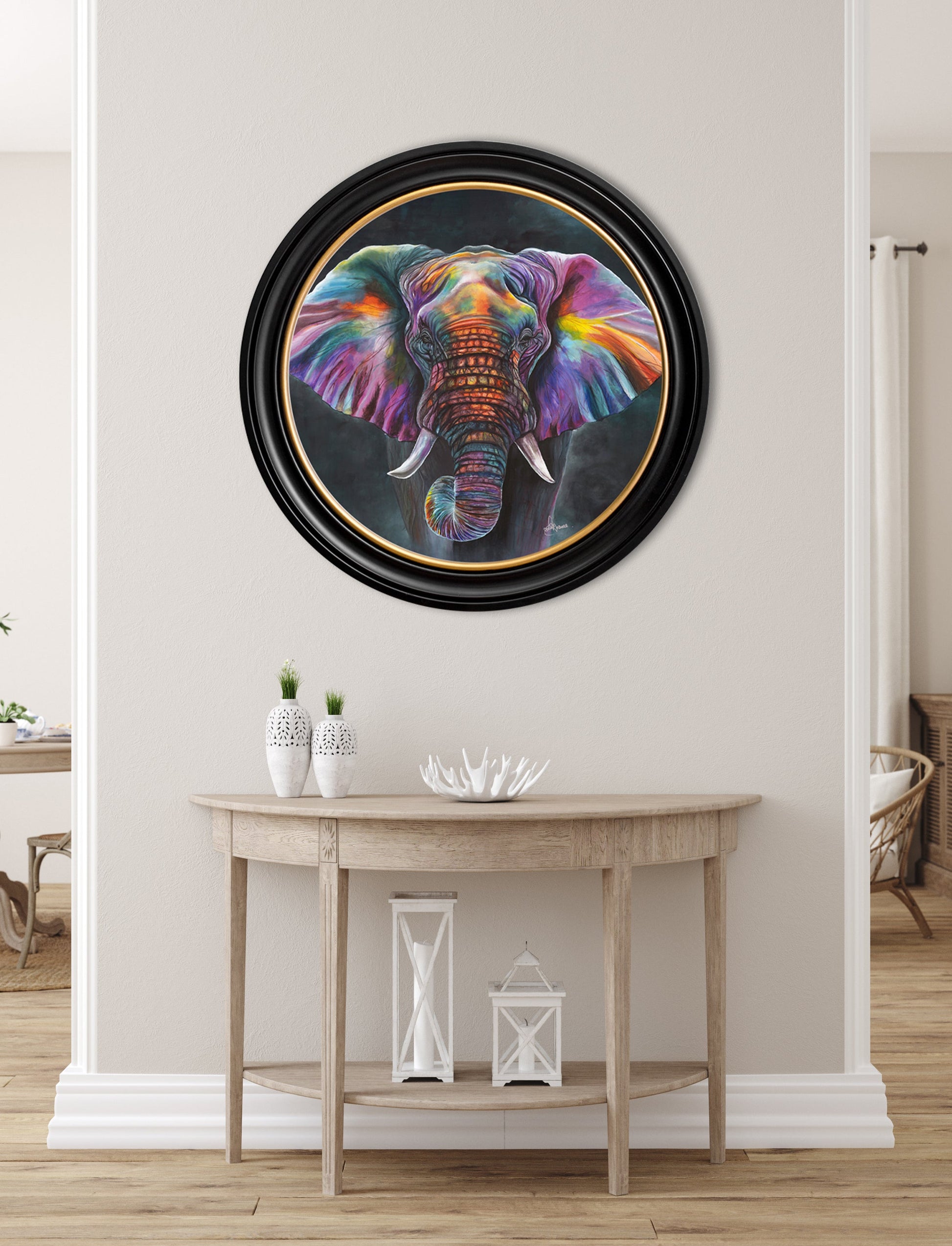 elephant print wisdom by amy ansell oxford round frame in size 70 x 70cm - glass-fronted framed wall art print with solid wood frame, adds elegance to your decor