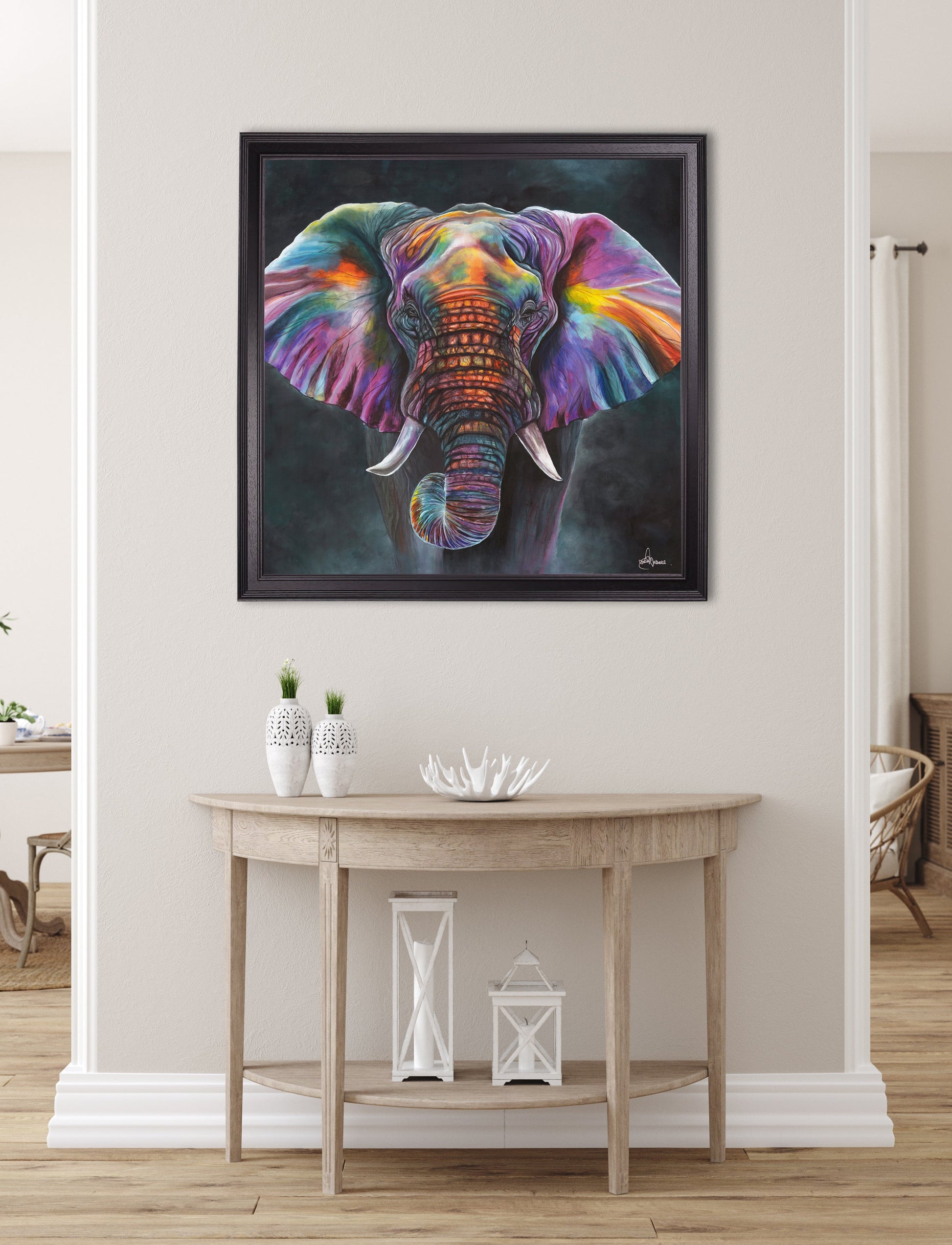 elephant print wisdom by amy ansell black square frame in size 70 x 70cm - glass-fronted framed wall art print with solid wood frame, perfect for luxury home decor