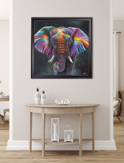 elephant print wisdom by amy ansell black square frame in size 70 x 70cm - glass-fronted framed wall art print with solid wood frame, perfect for luxury home decor