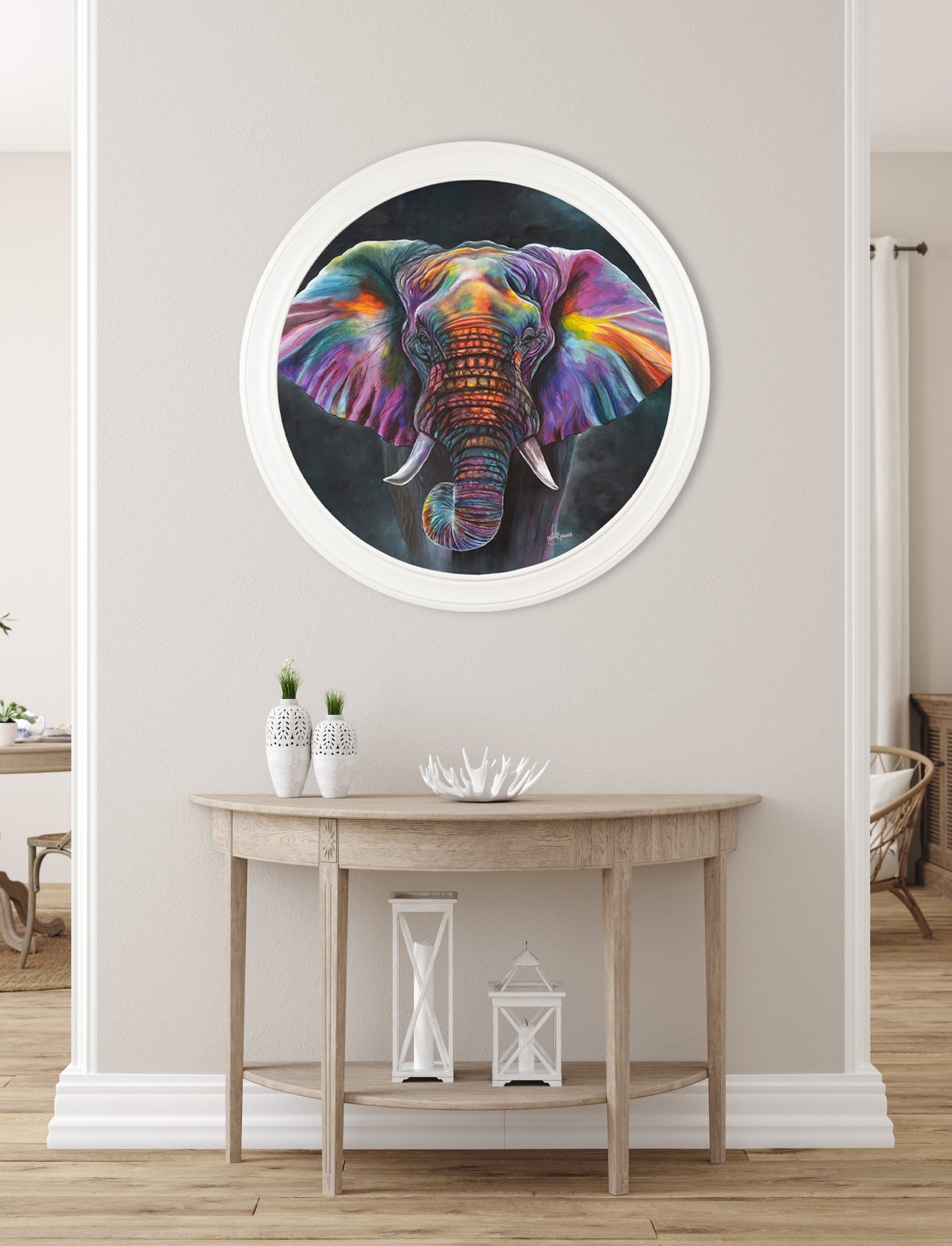 elephant print wisdom by amy ansell strong white round frame in size 70 x 70cm - glass-fronted framed wall art print with solid wood frame, perfect for statement wall decor
