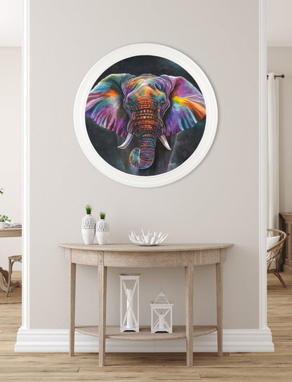 elephant print wisdom by amy ansell strong white round frame in size 70 x 70cm - glass-fronted framed wall art print with solid wood frame, perfect for statement wall decor