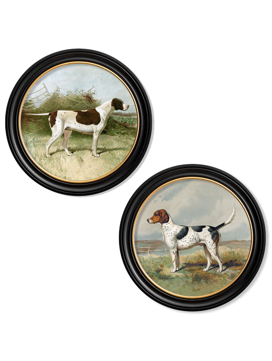 c.1881 Gun Dogs - Round Frame in size 44 x 44cm - glass-fronted framed wall art print with solid wood frame, perfect for luxury home decor
