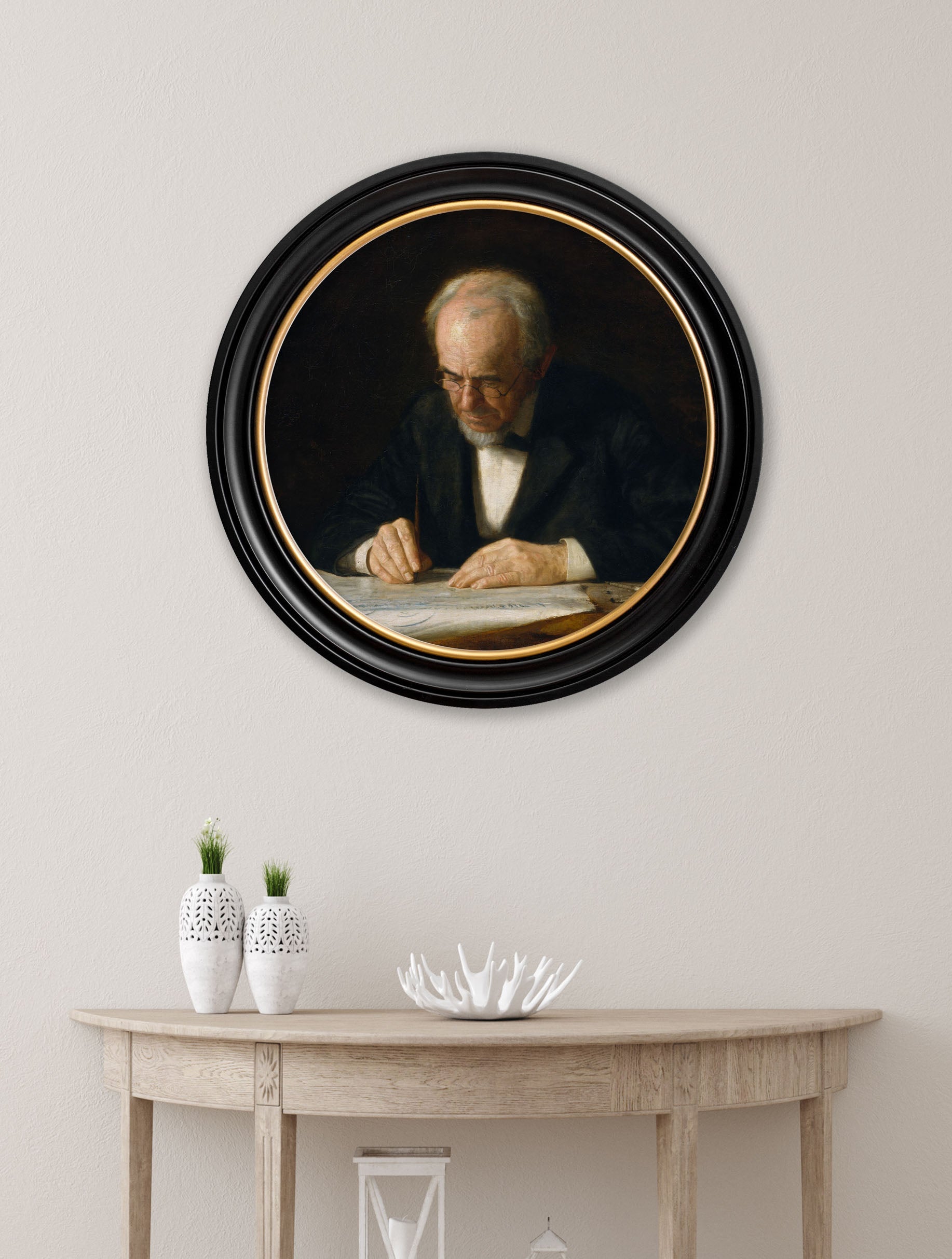 c 1882 the writing master thomas eakins round frame in size 70 x 70cm - glass-fronted framed wall art print with solid wood frame, perfect for statement wall decor