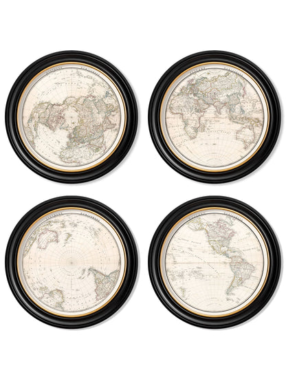 c.1838 World Map Hemispheres in Round Frames in size 44 x44cm - glass-fronted framed wall art print with solid wood frame, ideal for modern interiors