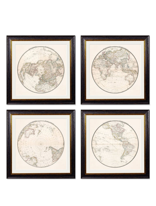 c.1838 World Map Hemispheres in size 70 x 70cm - glass-fronted framed wall art print with solid wood frame, designed for high-end interior design