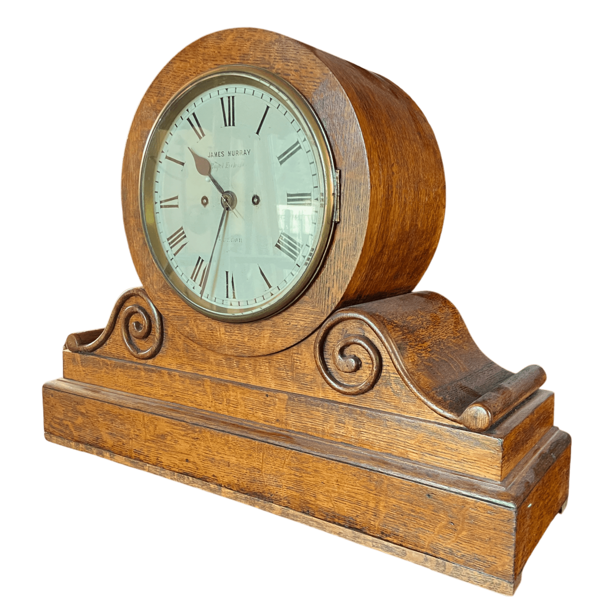 Antique James Murray Royal Exchange Mantel Clock – Elegant Oak Design with Spiral DetailsThe Furniture Recycling Shop