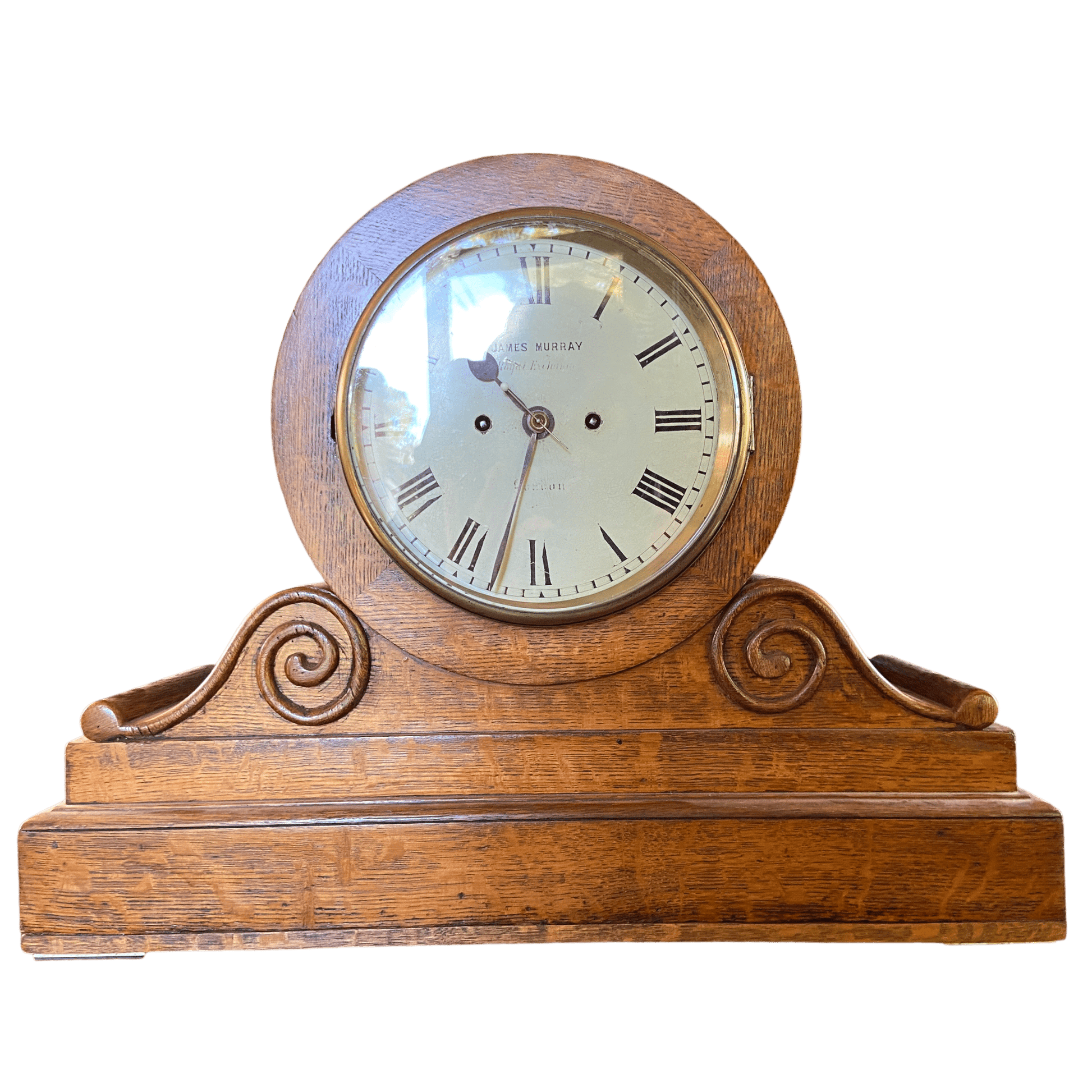 Antique James Murray Royal Exchange Mantel Clock – Elegant Oak Design with Spiral DetailsThe Furniture Recycling Shop