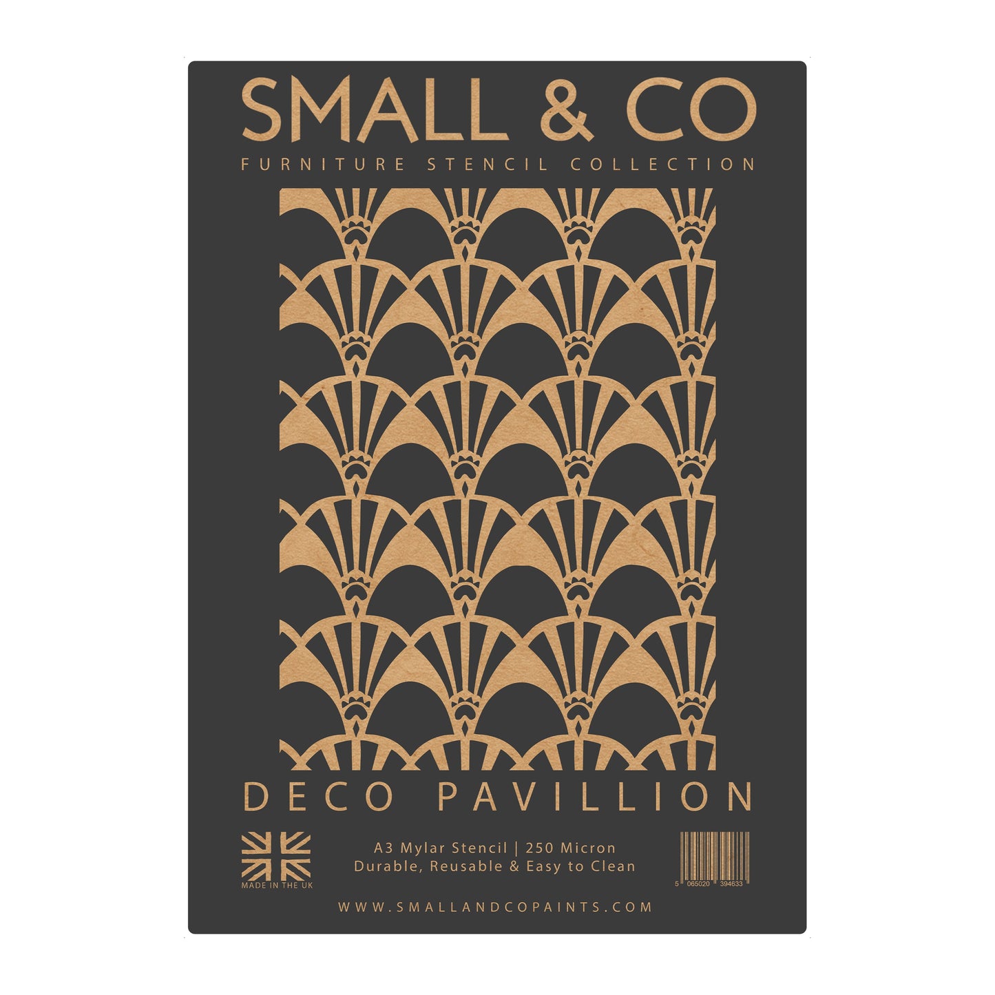 Deco Pavilion stencil packaging with repeating Deco fan pattern – UK-made A3 reusable stencil for Gatsby-inspired feature walls and furniture upcycling.
