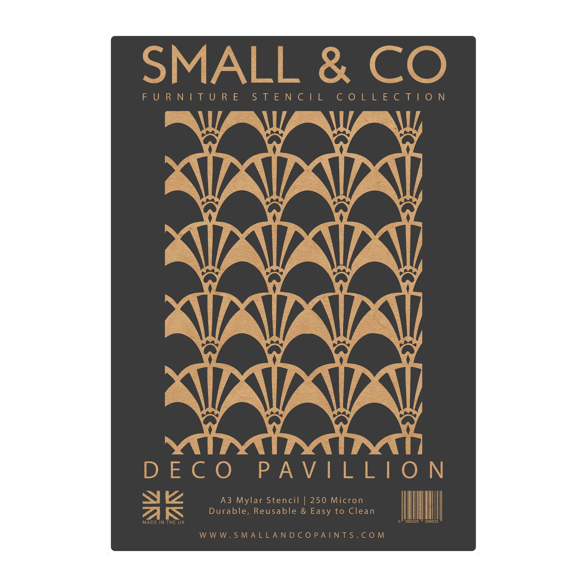 Deco Pavilion stencil packaging with repeating Deco fan pattern – UK-made A3 reusable stencil for Gatsby-inspired feature walls and furniture upcycling.