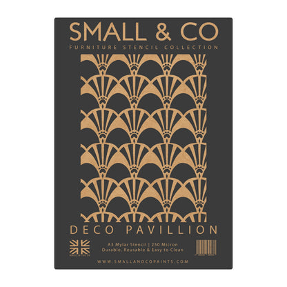 Deco Pavilion stencil packaging with repeating Deco fan pattern – UK-made A3 reusable stencil for Gatsby-inspired feature walls and furniture upcycling.