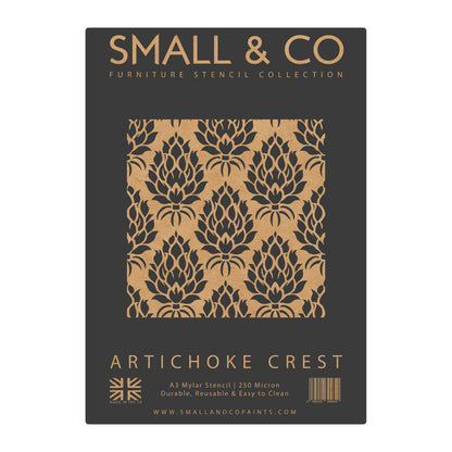 Artichoke Crest packaging showing repeating floral crest – UK-made A3 reusable stencil for traditional homes, rustic décor and DIY furniture painting