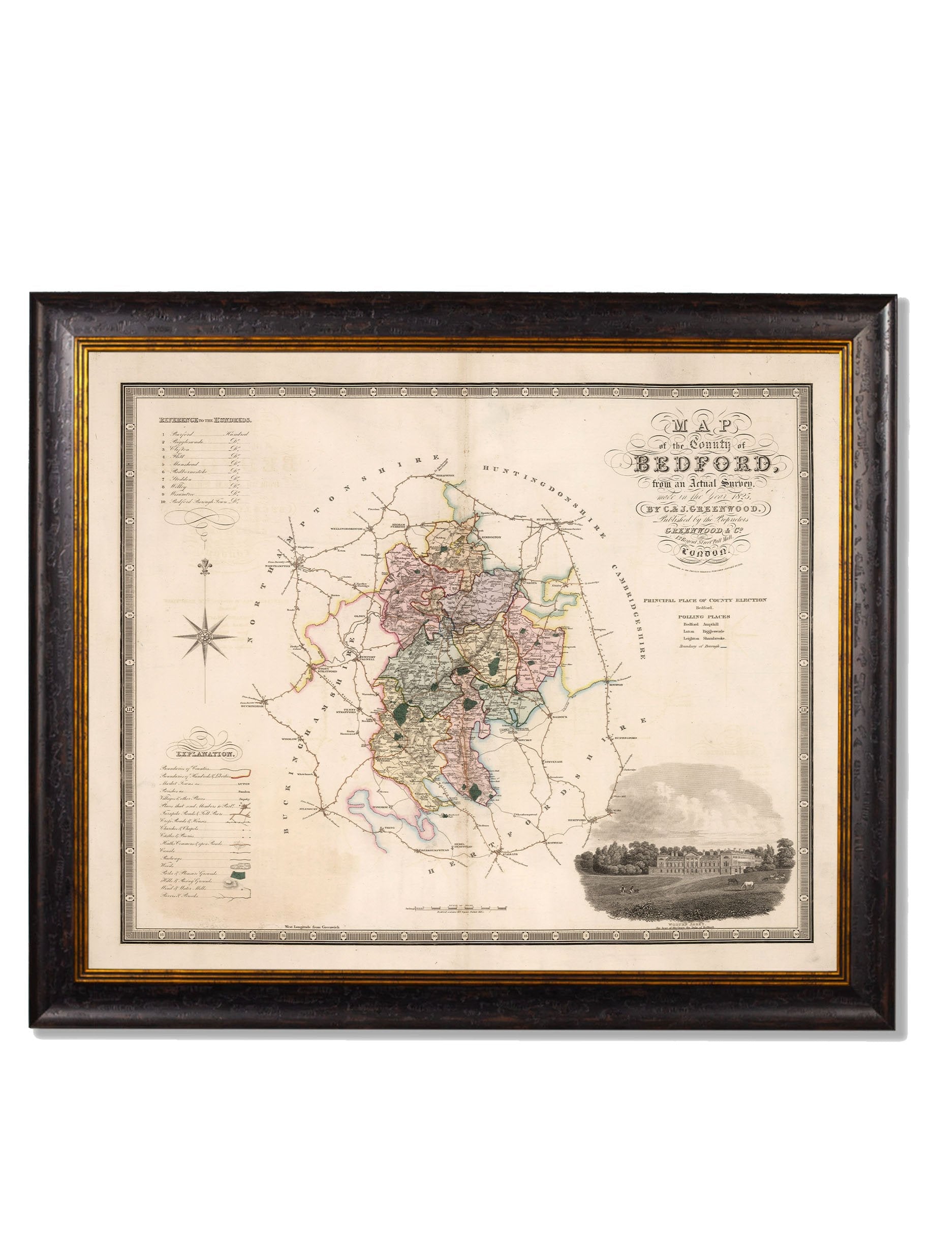 c.1830 County Maps of England in size 70 x 84cm - glass-fronted framed wall art print with solid wood frame, designed for high-end interior design