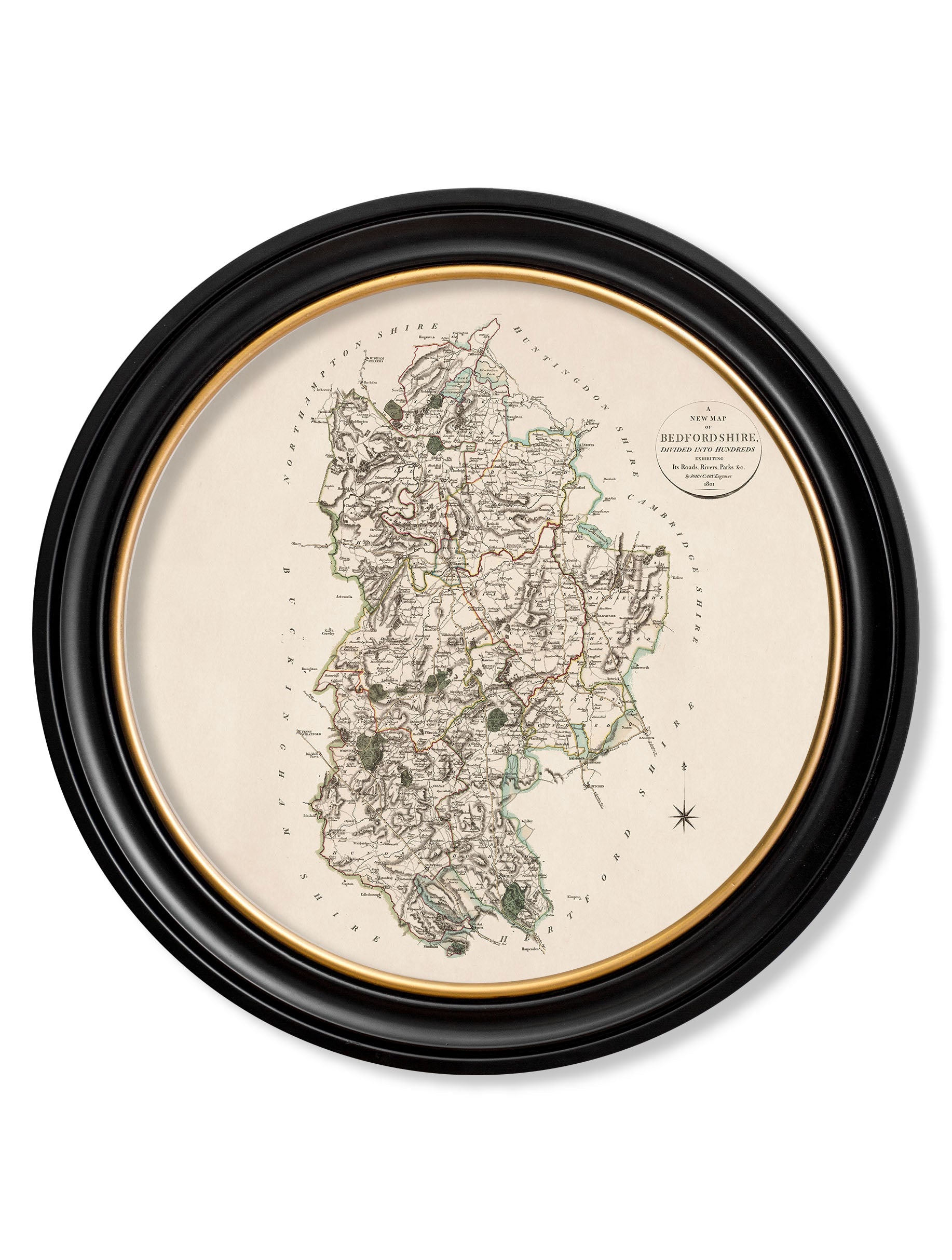  of c 1806 county maps of england round in size 70 x 70cm - glass-fronted framed wall art print with solid wood frame, a beautiful addition to stylish homes