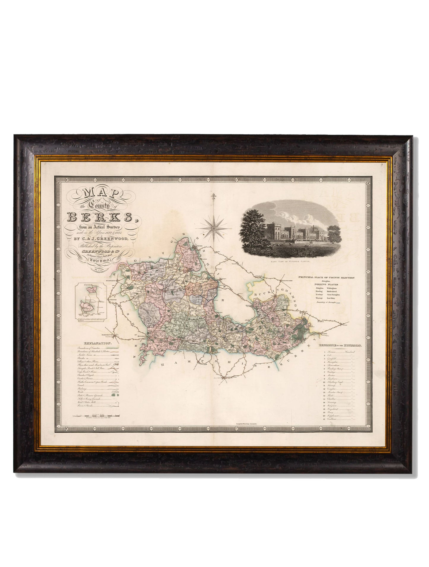 c 1830 map of the county of bedford in size 70 x 84cm - glass-fronted framed wall art print with solid wood frame, designed for high-end interior design